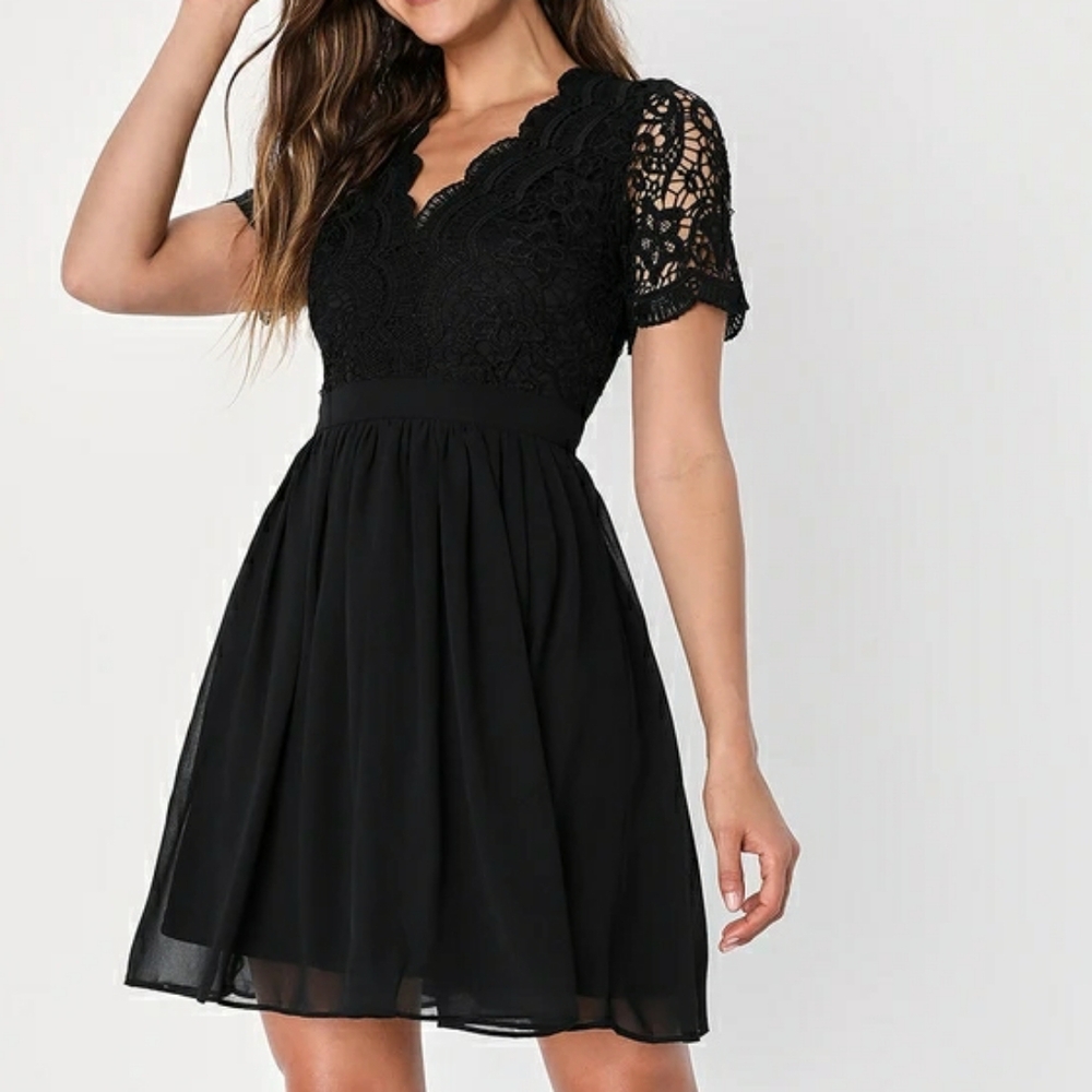 Lulus Black Lace V Neck Mini Dress Short Sleeve Large Angel In Disguise 24945